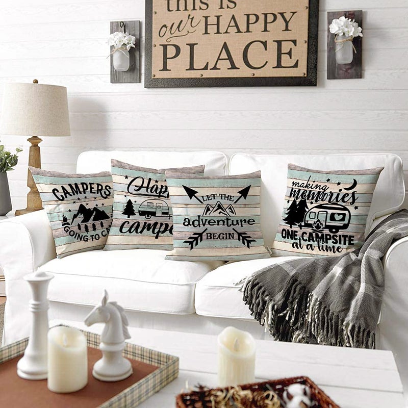 Faromily Happy Camper Pillow Covers Vintage Rustic Wood Background Inspirational Quotes Home Outdoor Decorative Throw Pillow Case Cushion Cover Set of 4 18" x 18" - Image 3